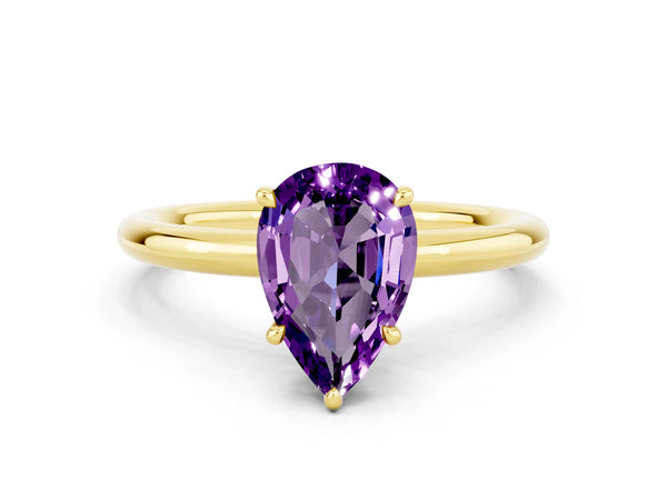 Yellow gold Pear Cut Amethyst Solitaire Ring with Thin Band and Four-Prong Setting