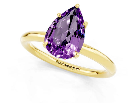 Yellow gold Pear Cut Amethyst Solitaire Ring with Thin Band and Four-Prong Setting_13