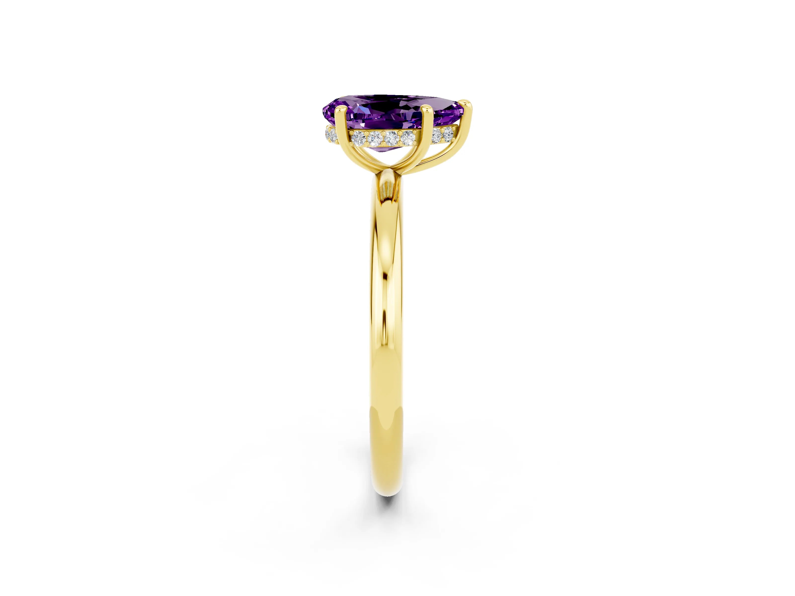 Yellow gold Pear Cut Amethyst Solitaire Ring with Thin Band and Four-Prong Setting_14