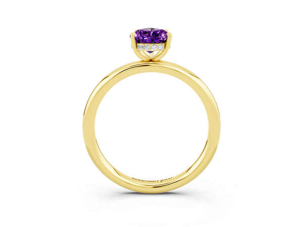 Yellow gold Pear Cut Amethyst Solitaire Ring with Thin Band and Four-Prong Setting