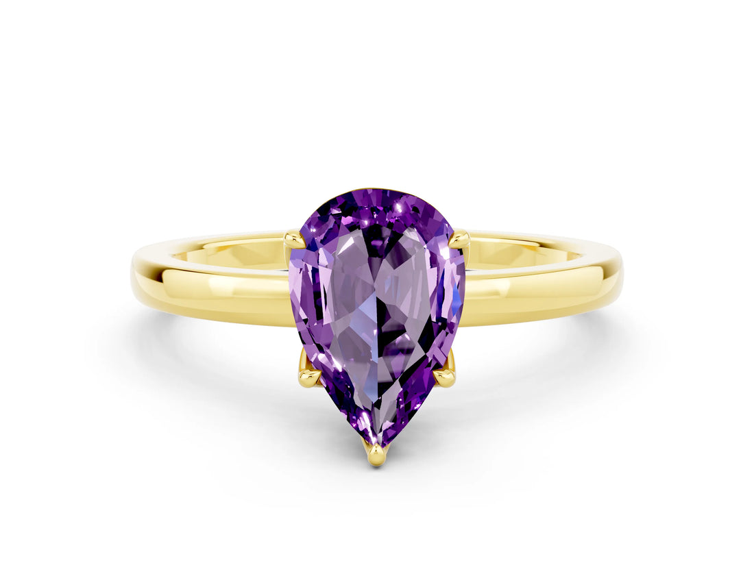 Yellow gold Pear Cut Amethyst Solitaire Ring with Thin Band and Prong Setting_12