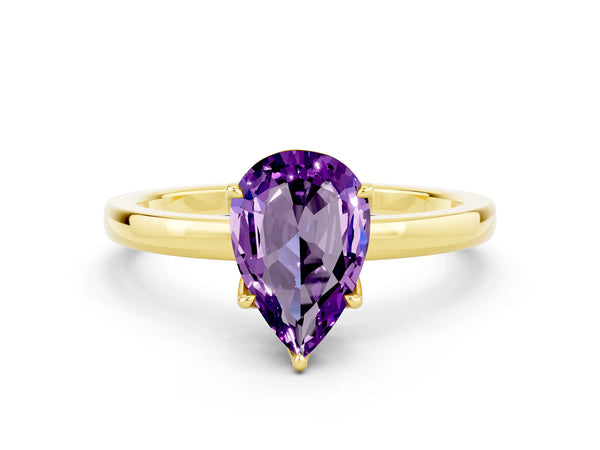 Yellow gold Pear Cut Amethyst Solitaire Ring with Thin Band and Prong Setting