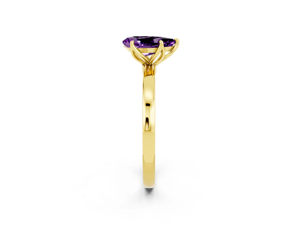 Yellow gold Pear Cut Amethyst Solitaire Ring with Thin Band and Prong Setting