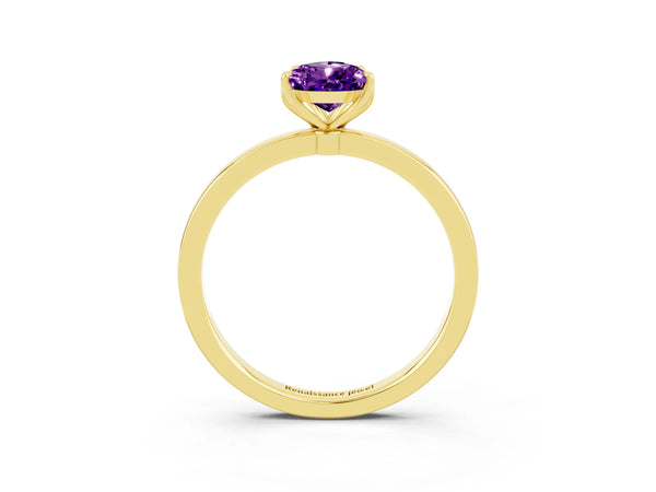 Yellow gold Pear Cut Amethyst Solitaire Ring with Thin Band and Prong Setting