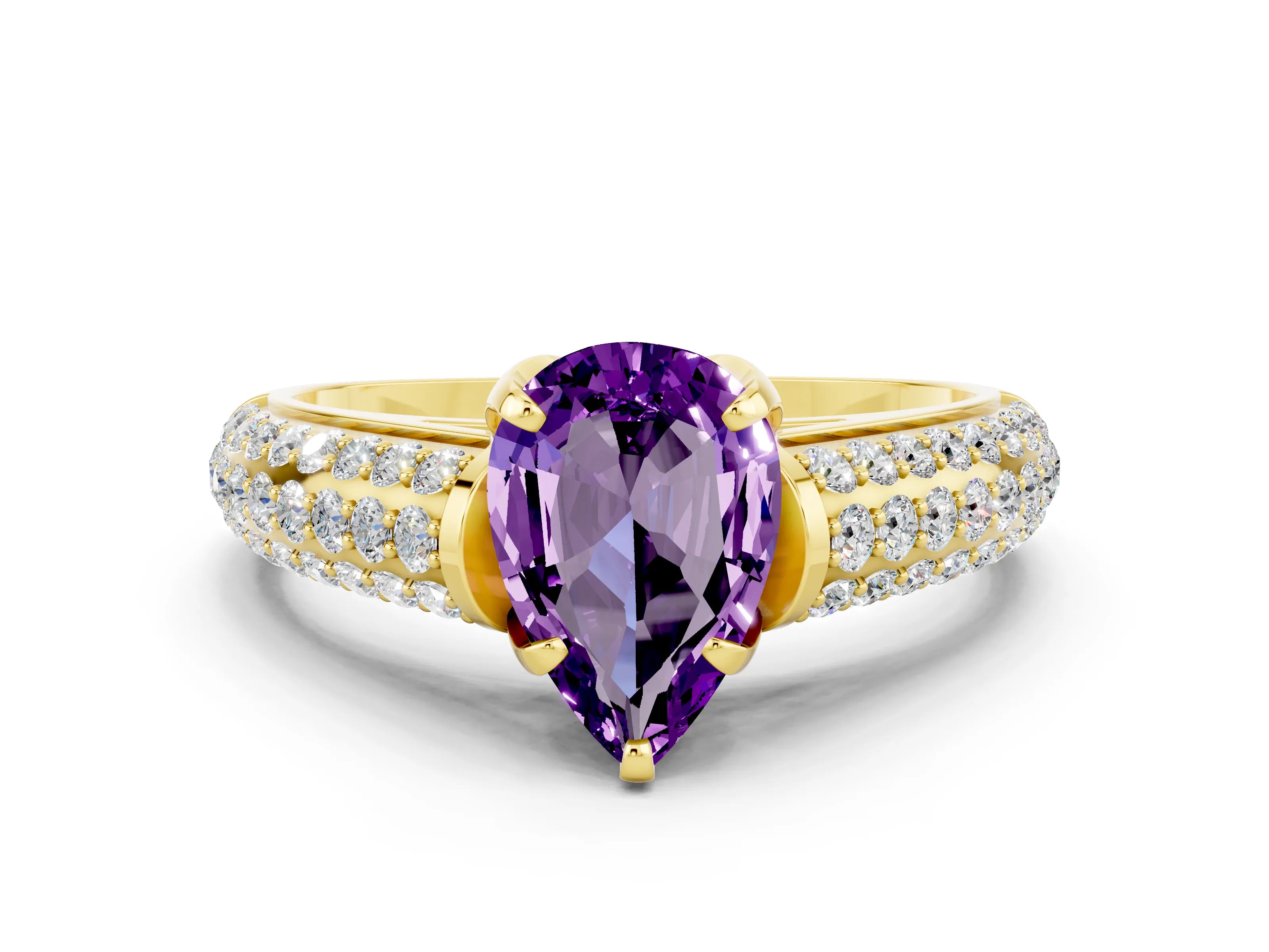 Yellow gold Pear Cut Amethyst Solitaire Ring with Three-Row Pavé Band and Four-Prong Setting_12