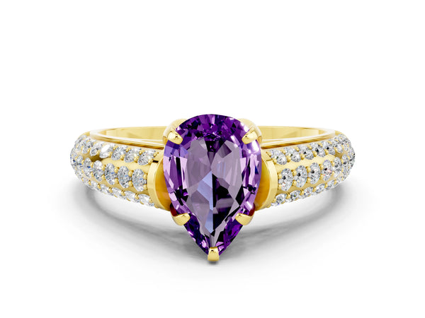 Yellow gold Pear Cut Amethyst Solitaire Ring with Three-Row Pavé Band and Four-Prong Setting