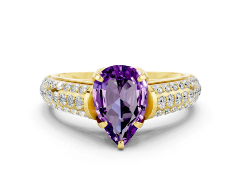 Yellow gold Pear Cut Amethyst Solitaire Ring with Three-Row Pavé Band and Four-Prong Setting_12