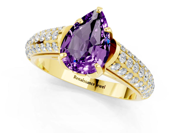 Yellow gold Pear Cut Amethyst Solitaire Ring with Three-Row Pavé Band and Four-Prong Setting
