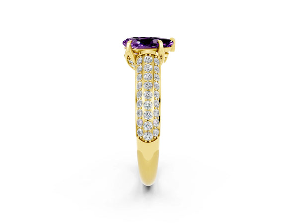Yellow gold Pear Cut Amethyst Solitaire Ring with Three-Row Pavé Band and Four-Prong Setting