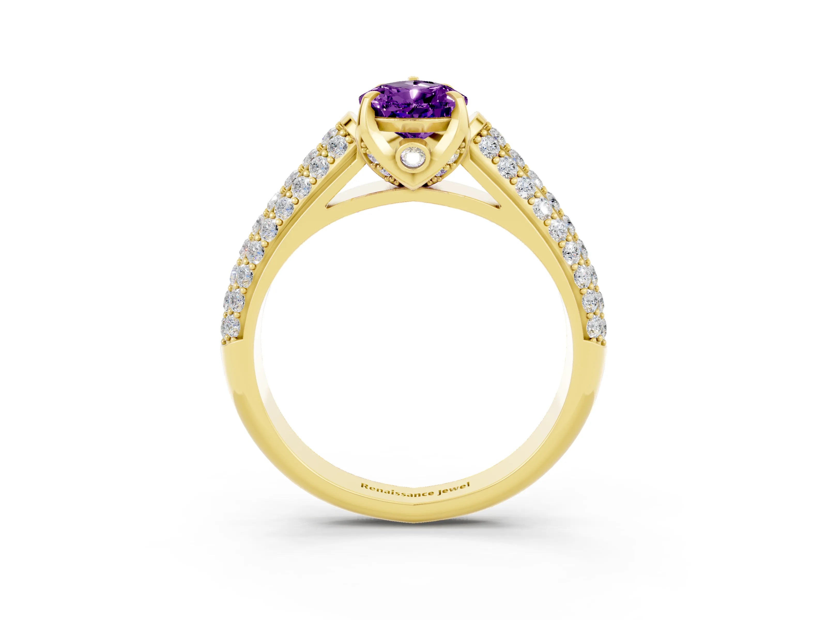 Yellow gold Pear Cut Amethyst Solitaire Ring with Three-Row Pavé Band and Four-Prong Setting_15