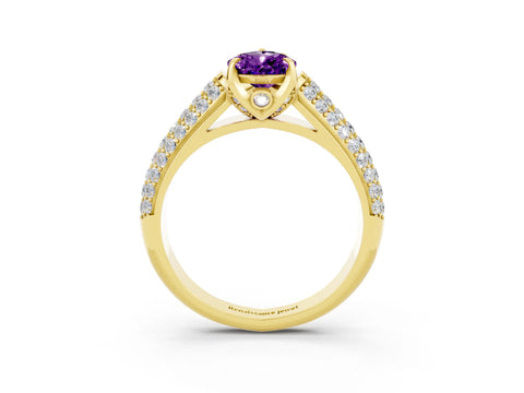Yellow gold Pear Cut Amethyst Solitaire Ring with Three-Row Pavé Band and Four-Prong Setting_15