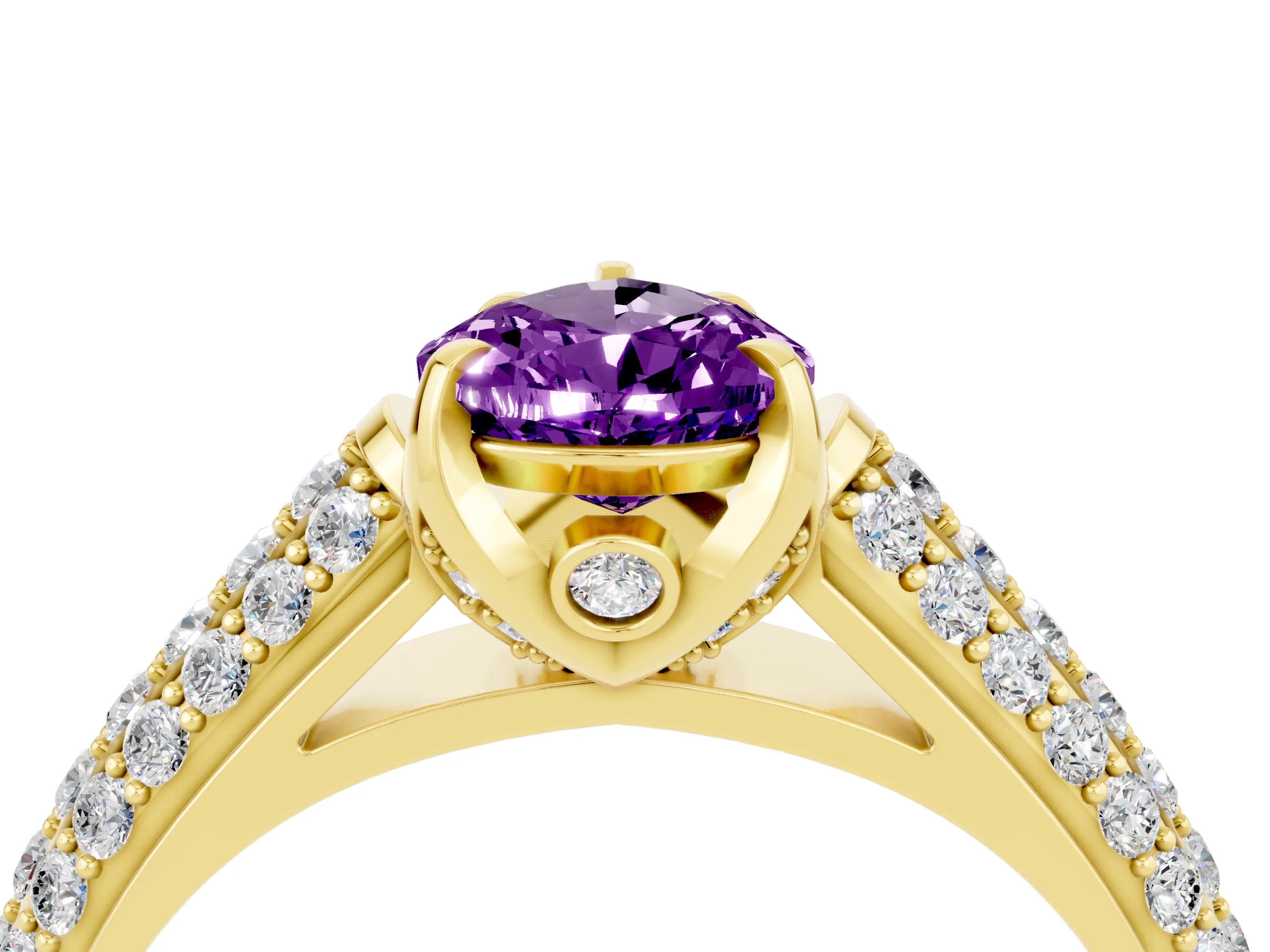 Yellow gold Pear Cut Amethyst Solitaire Ring with Three-Row Pavé Band and Four-Prong Setting_16