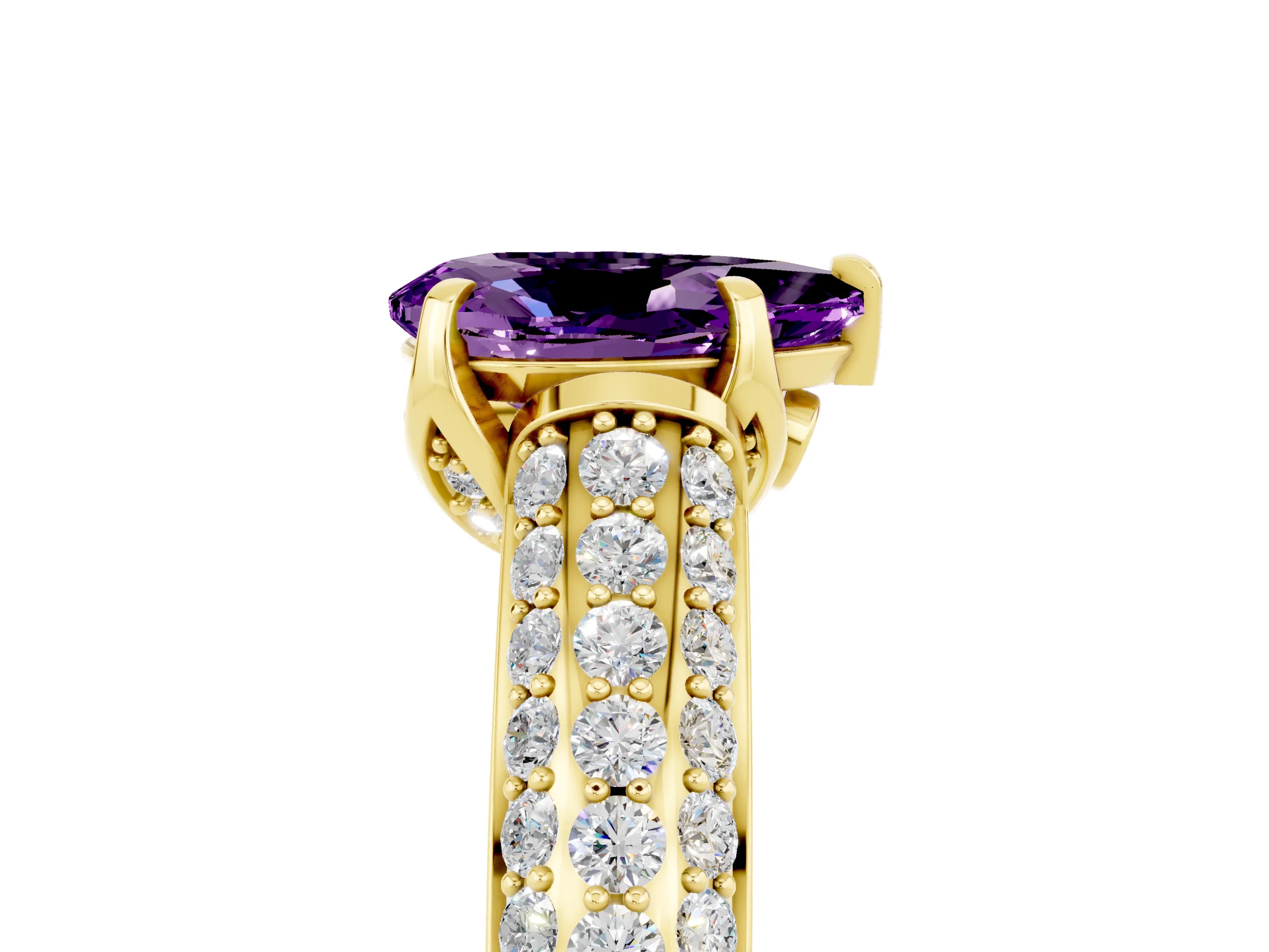 Yellow gold Pear Cut Amethyst Solitaire Ring with Three-Row Pavé Band and Four-Prong Setting_17