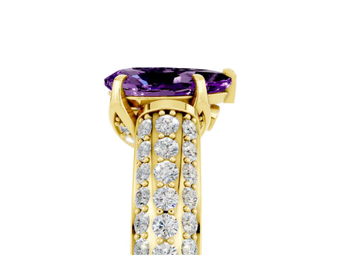 Yellow gold Pear Cut Amethyst Solitaire Ring with Three-Row Pavé Band and Four-Prong Setting_17