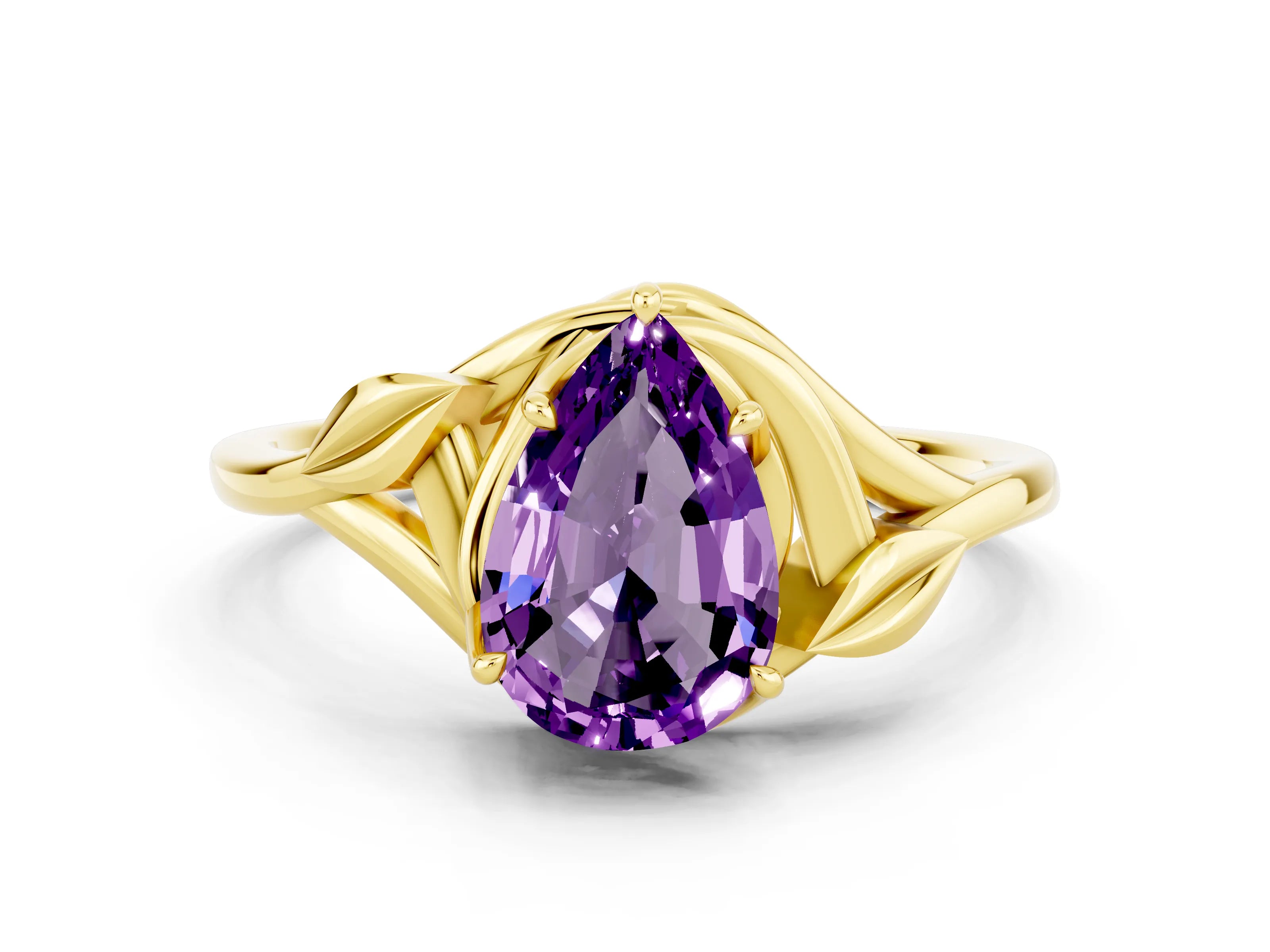 Yellow gold Pear Cut Amethyst Solitaire Ring with Twist Band and Four-Prong Setting_24