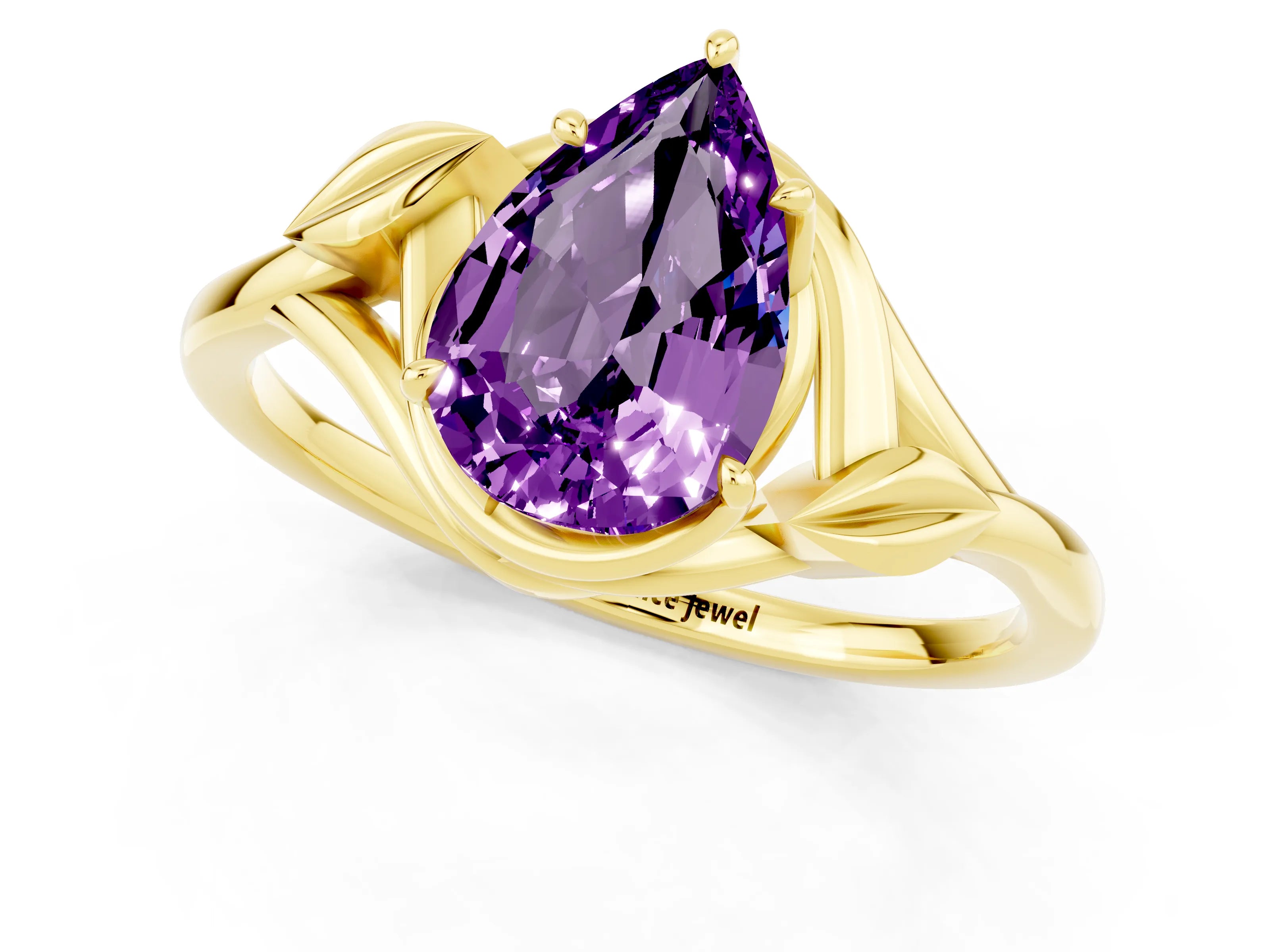 Yellow gold Pear Cut Amethyst Solitaire Ring with Twist Band and Four-Prong Setting_25