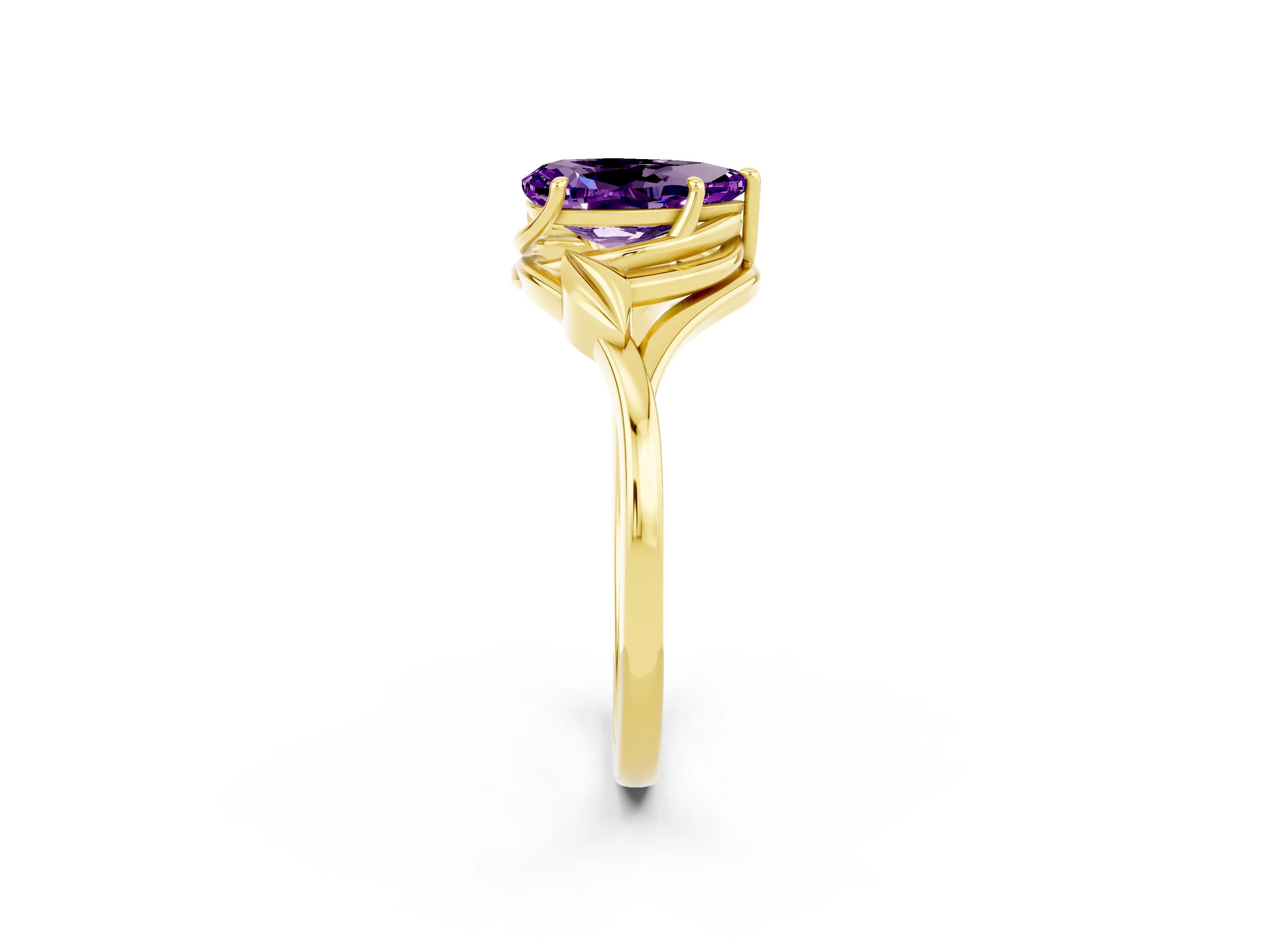 Yellow gold Pear Cut Amethyst Solitaire Ring with Twist Band and Four-Prong Setting_26