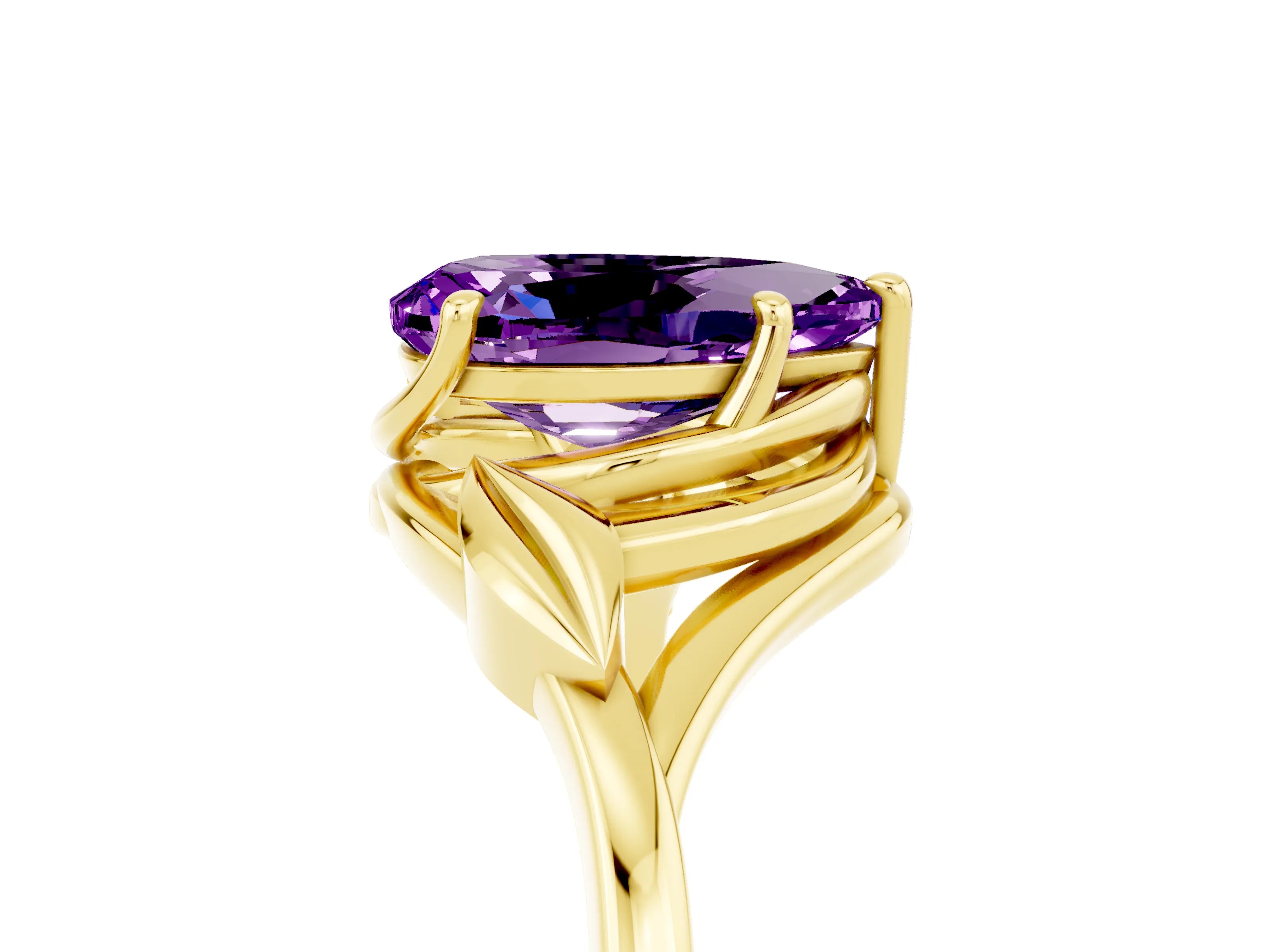 Yellow gold Pear Cut Amethyst Solitaire Ring with Twist Band and Four-Prong Setting_29