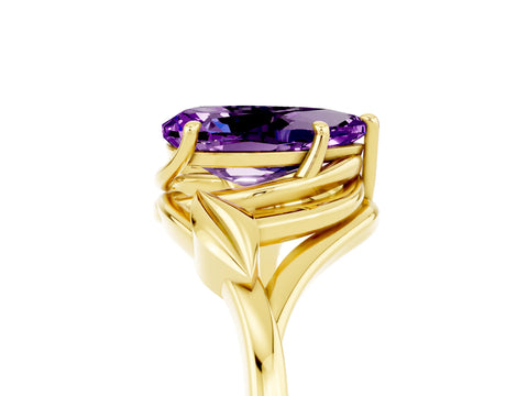 Yellow gold Pear Cut Amethyst Solitaire Ring with Twist Band and Four-Prong Setting_29