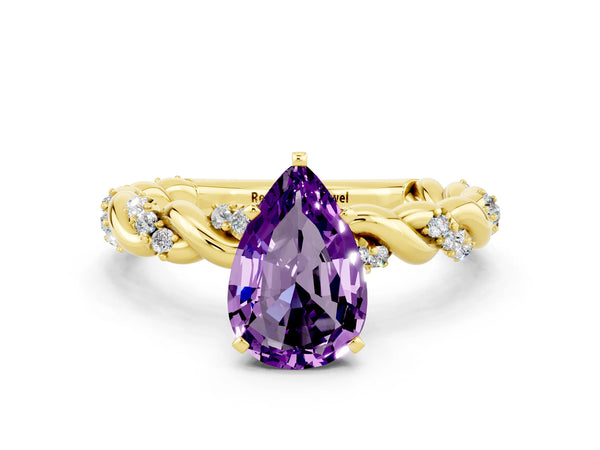 Yellow gold Pear Cut Amethyst Solitaire Ring with Twisted Band and Pavé Accents