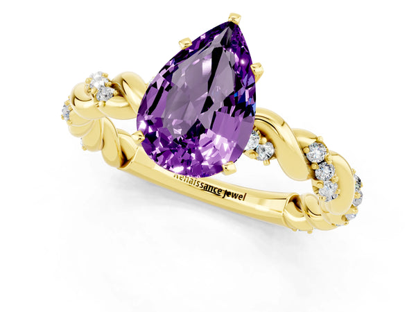 Yellow gold Pear Cut Amethyst Solitaire Ring with Twisted Band and Pavé Accents