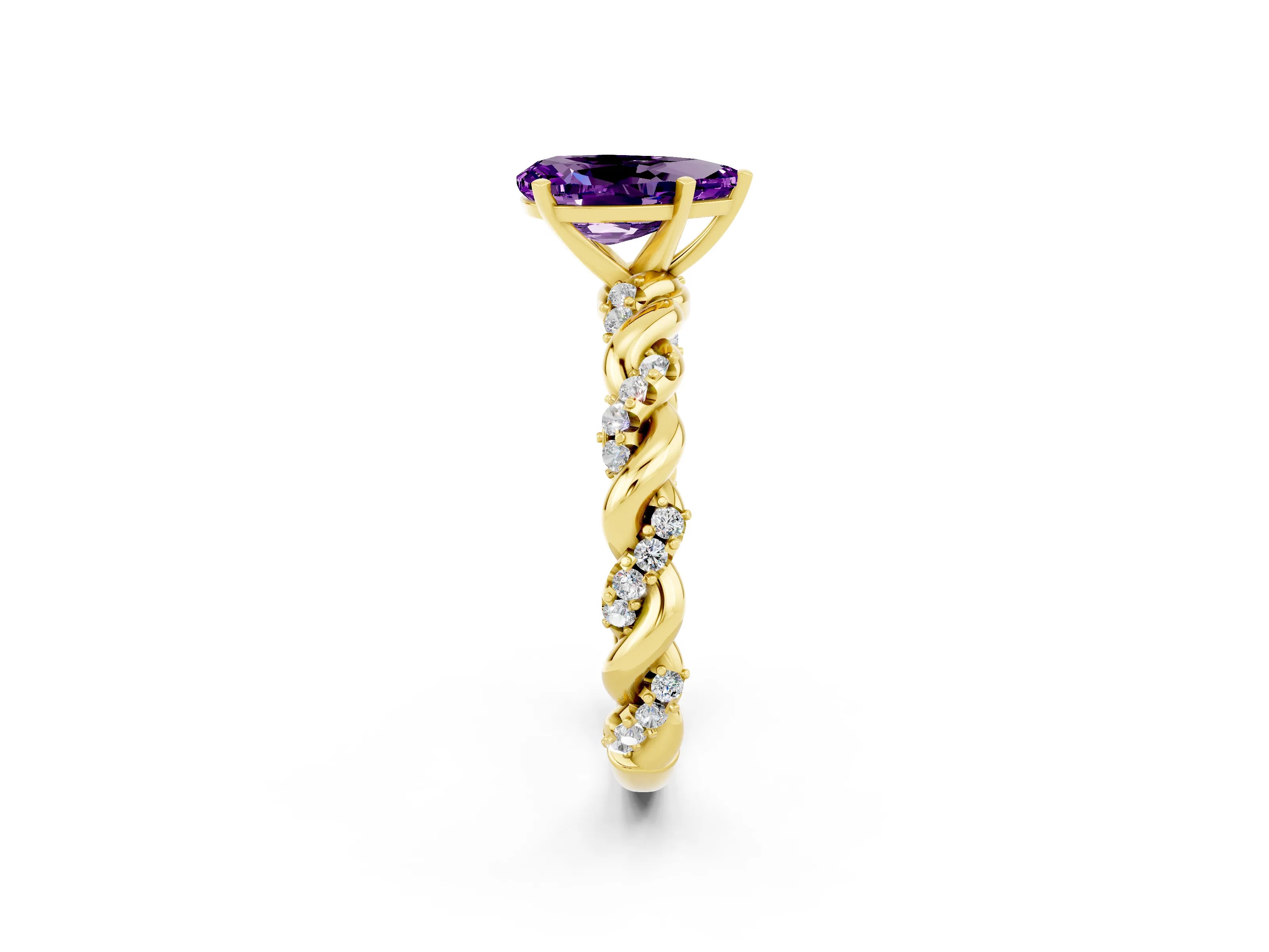 Yellow gold Pear Cut Amethyst Solitaire Ring with Twisted Band and Pavé Accents_2