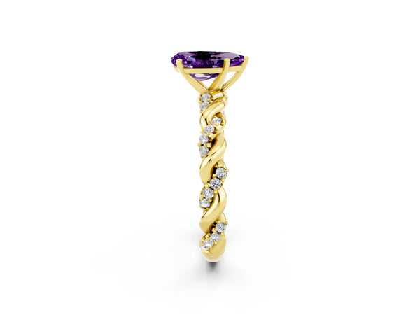 Yellow gold Pear Cut Amethyst Solitaire Ring with Twisted Band and Pavé Accents
