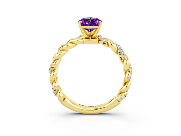 Yellow gold Pear Cut Amethyst Solitaire Ring with Twisted Band and Pavé Accents