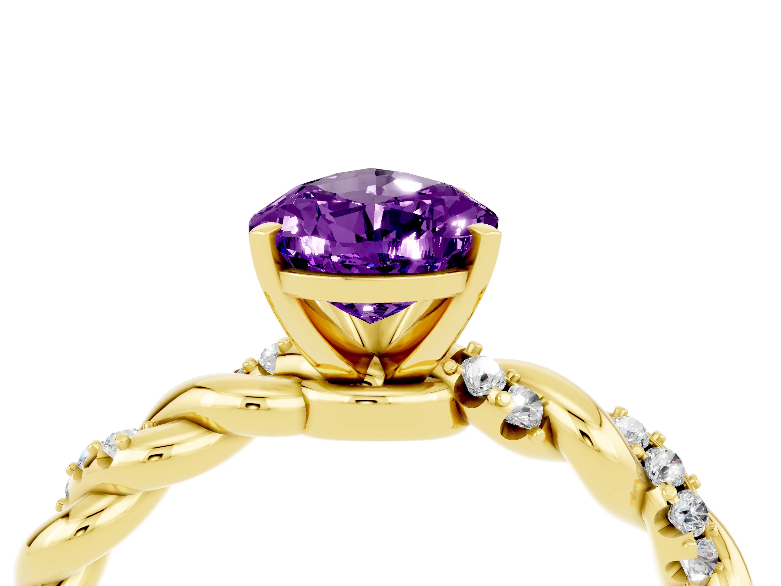 Yellow gold Pear Cut Amethyst Solitaire Ring with Twisted Band and Pavé Accents_4