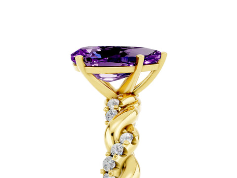 Yellow gold Pear Cut Amethyst Solitaire Ring with Twisted Band and Pavé Accents_5