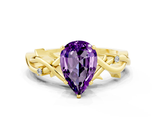 Yellow gold Pear Cut Amethyst Solitaire Ring with Twisted Band and Prong Setting