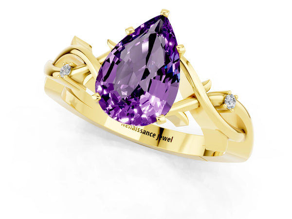 Yellow gold Pear Cut Amethyst Solitaire Ring with Twisted Band and Prong Setting