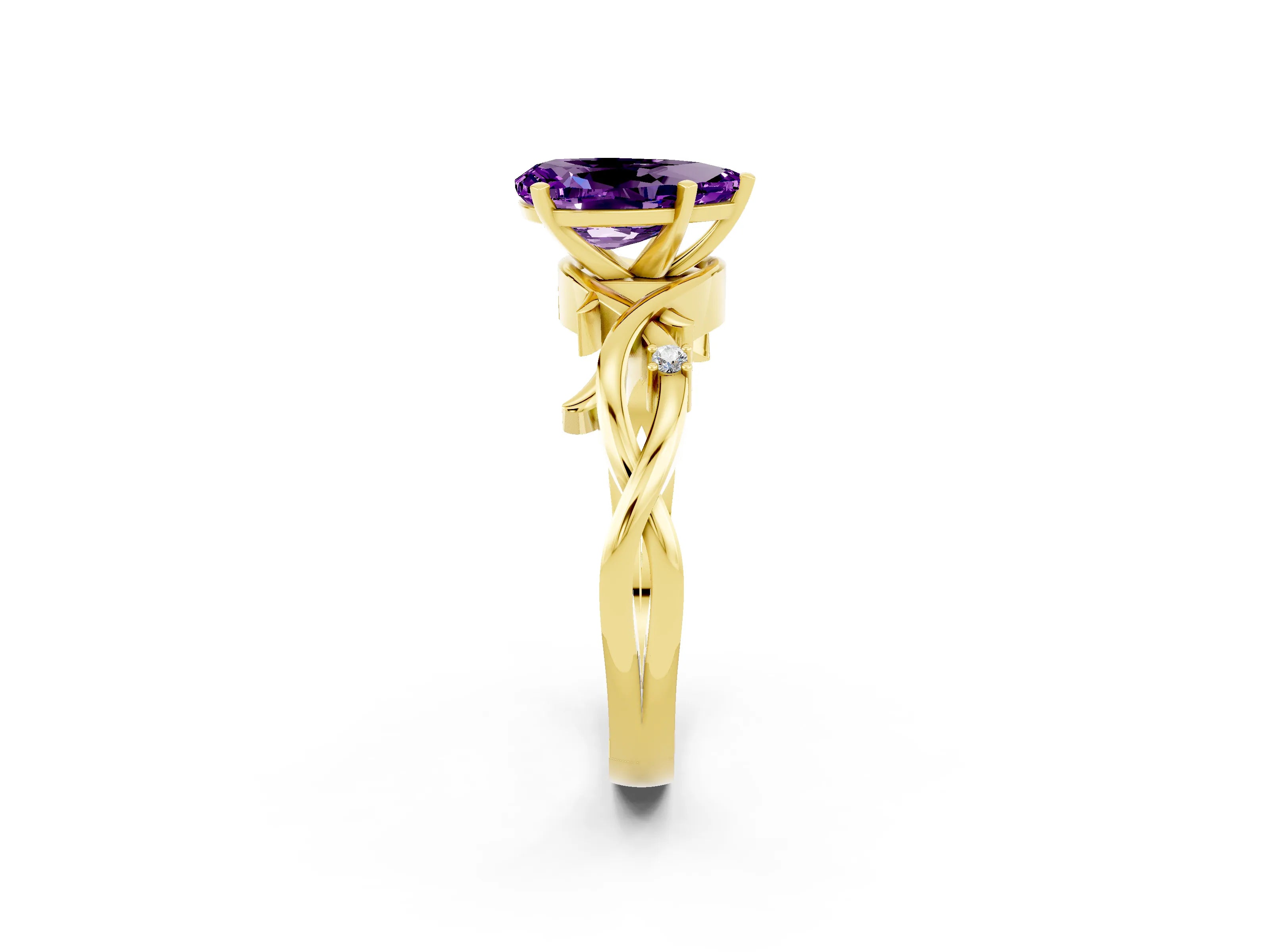 Yellow gold Pear Cut Amethyst Solitaire Ring with Twisted Band and Prong Setting_2