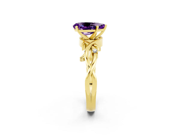 Yellow gold Pear Cut Amethyst Solitaire Ring with Twisted Band and Prong Setting