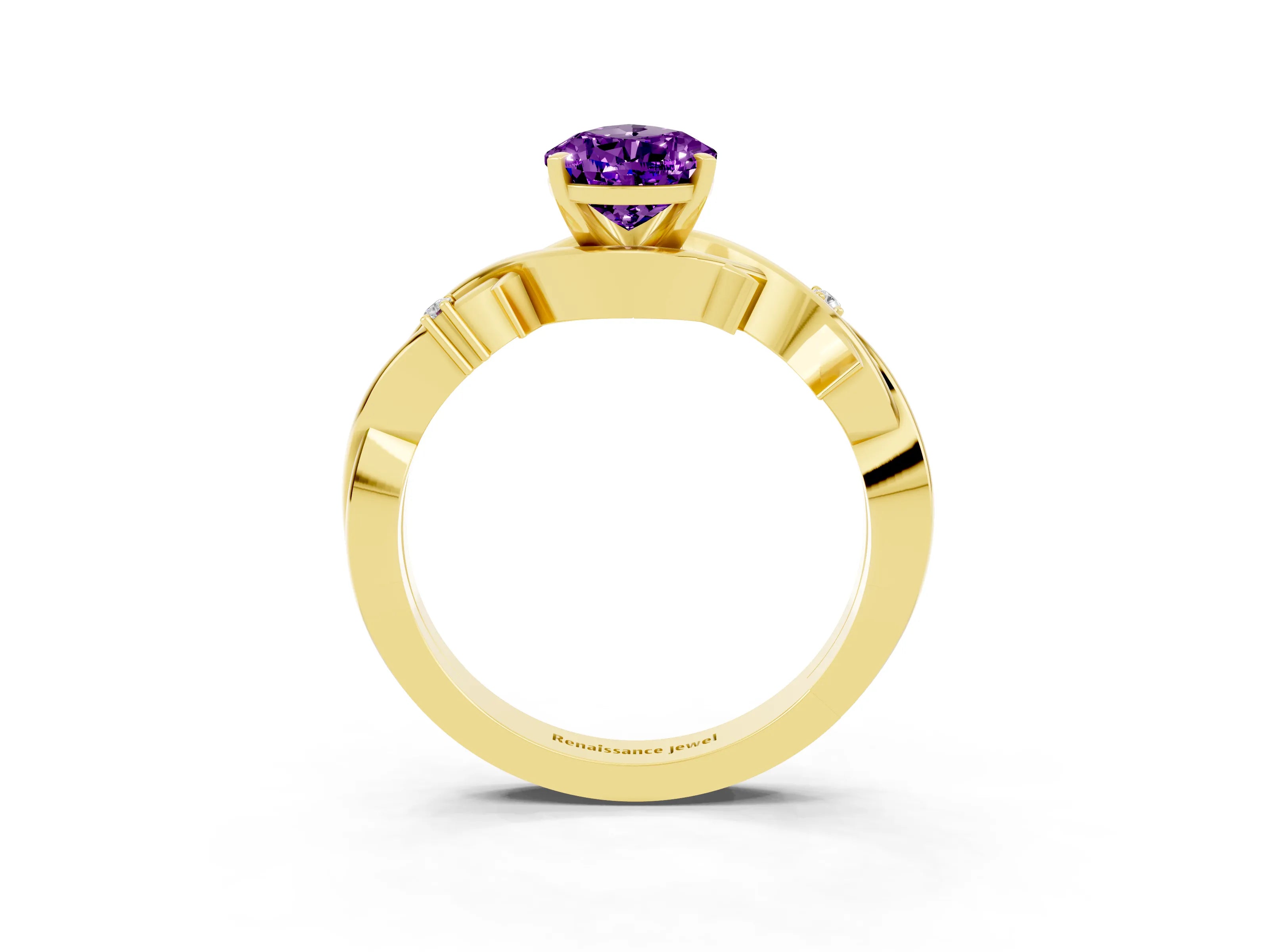Yellow gold Pear Cut Amethyst Solitaire Ring with Twisted Band and Prong Setting_3