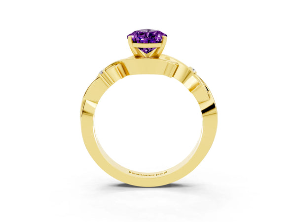 Yellow gold Pear Cut Amethyst Solitaire Ring with Twisted Band and Prong Setting