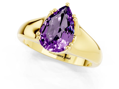 Yellow gold Pear Cut Amethyst Solitaire Ring with Wide Band and Prong Setting_1