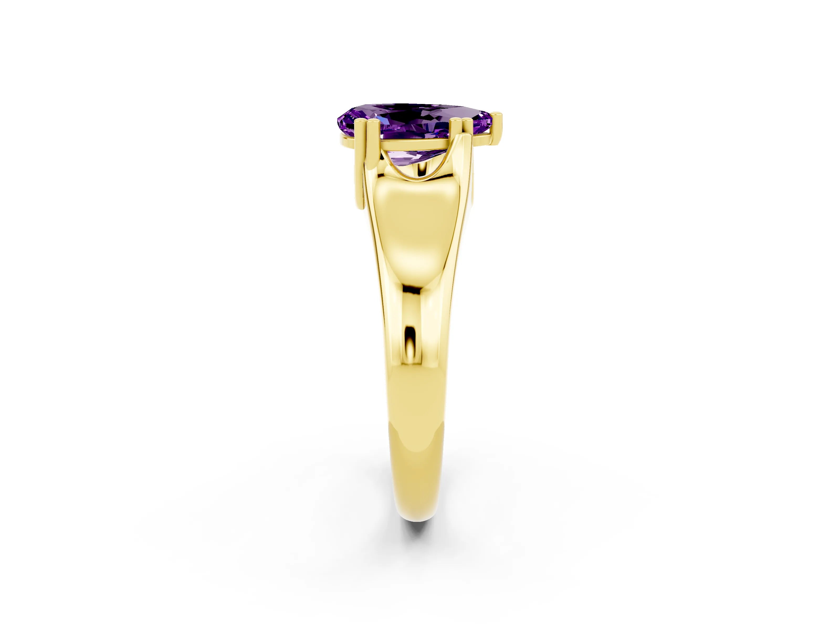 Yellow gold Pear Cut Amethyst Solitaire Ring with Wide Band and Prong Setting_2