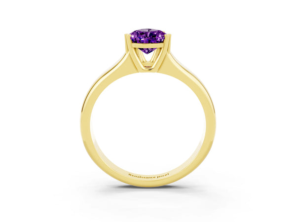 Yellow gold Pear Cut Amethyst Solitaire Ring with Wide Band and Prong Setting
