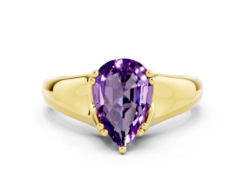 Yellow gold Pear Cut Amethyst Solitaire Ring with Wide Band and Prong Setting