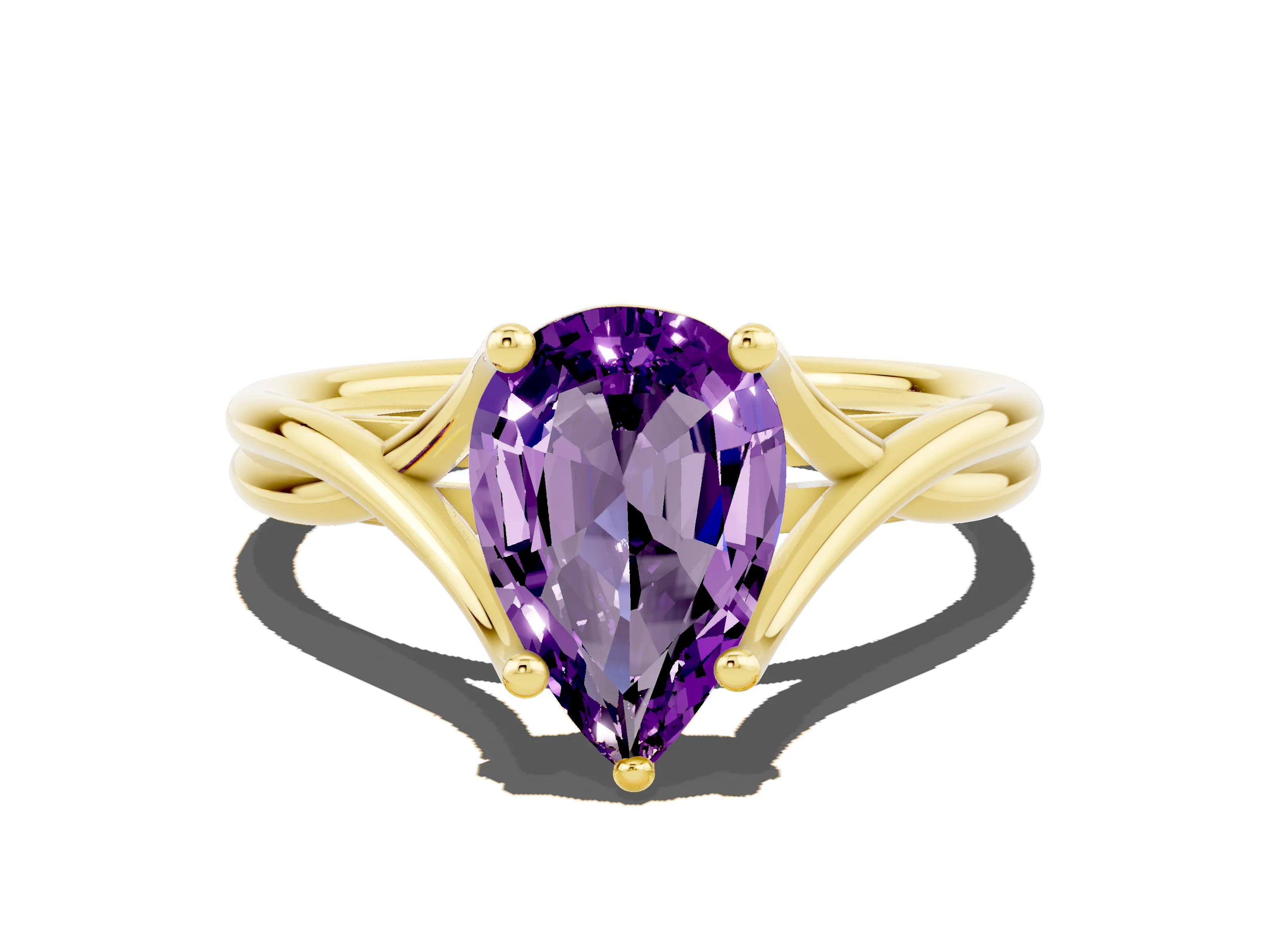 Yellow gold Pear Cut Amethyst Solitaire Twist Band Prong Setting Ring_36