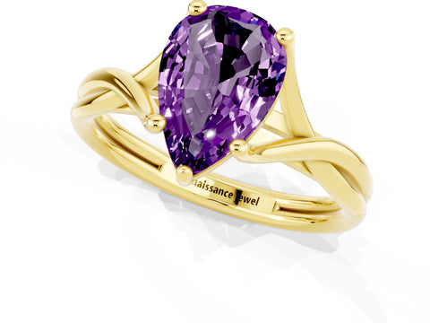 Yellow gold Pear Cut Amethyst Solitaire Twist Band Prong Setting Ring_37