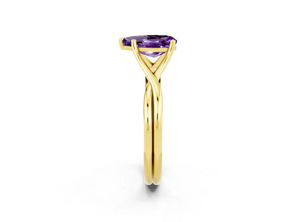 Yellow gold Pear Cut Amethyst Solitaire Twist Band Prong Setting Ring