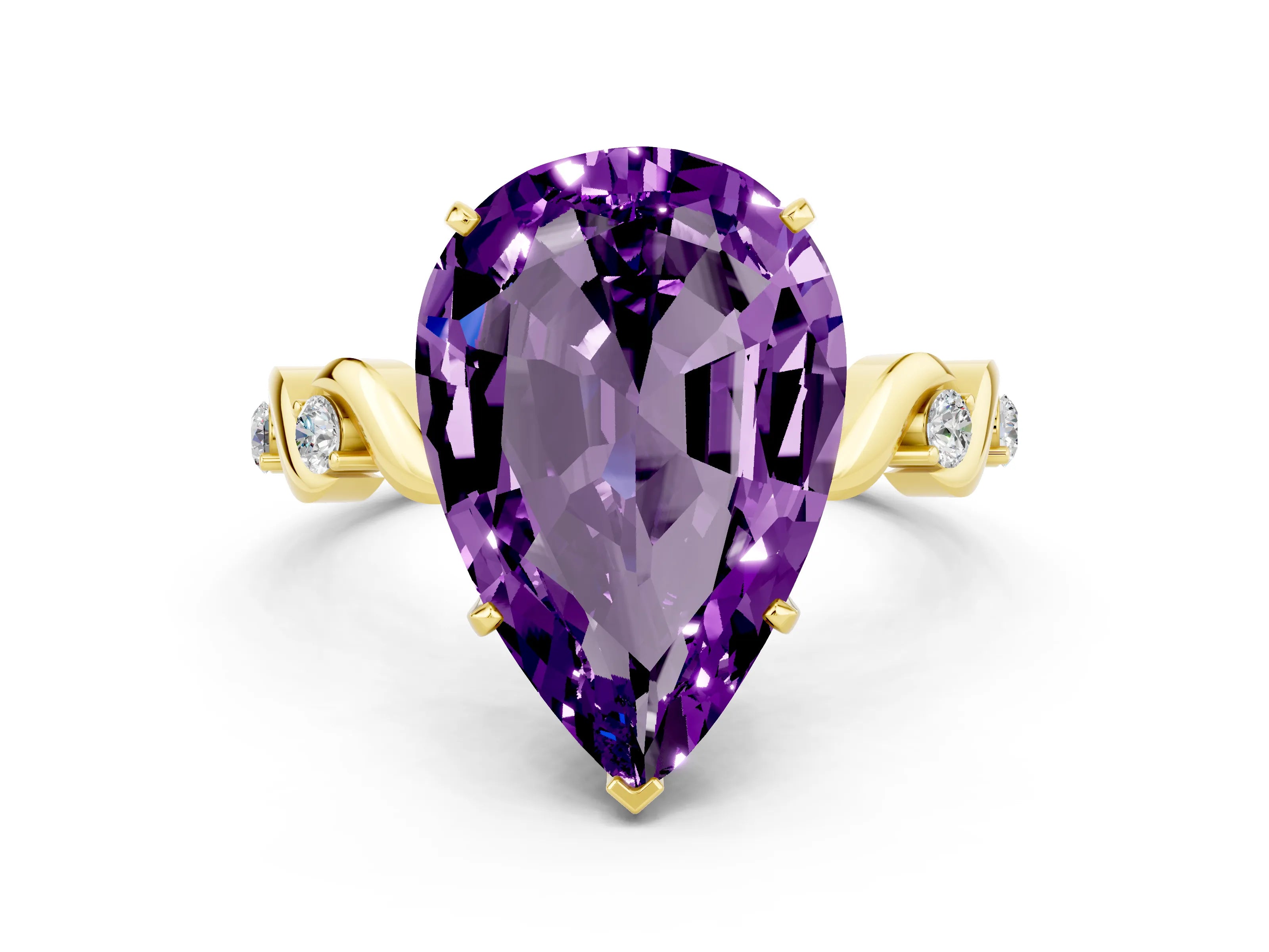 Yellow gold Pear Cut Amethyst Solitaire Twisted Band with Round  Accents and Prong Setting_12