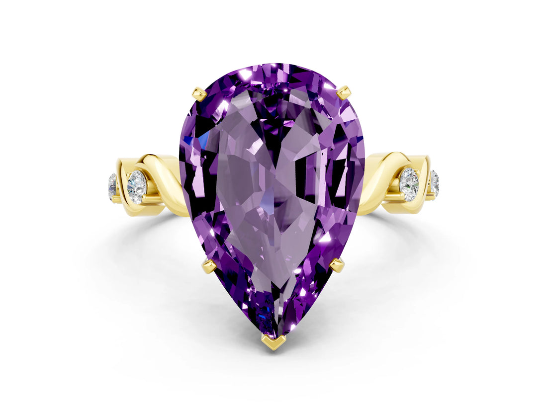 Yellow gold Pear Cut Amethyst Solitaire Twisted Band with Round  Accents and Prong Setting_12