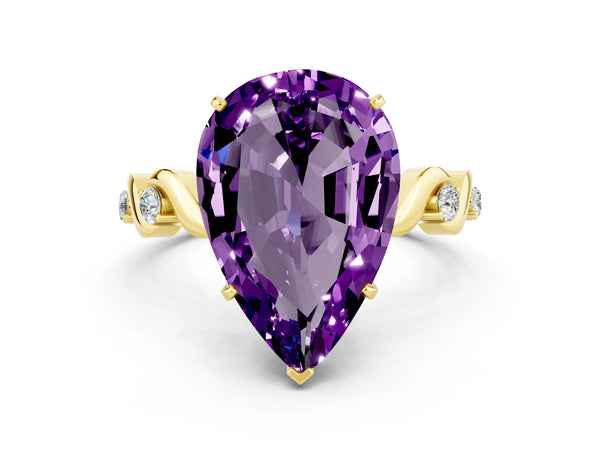 Yellow gold Pear Cut Amethyst Solitaire Twisted Band with Round  Accents and Prong Setting