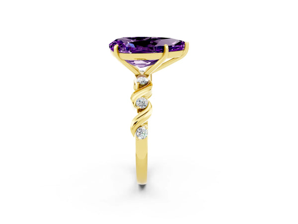 Yellow gold Pear Cut Amethyst Solitaire Twisted Band with Round  Accents and Prong Setting
