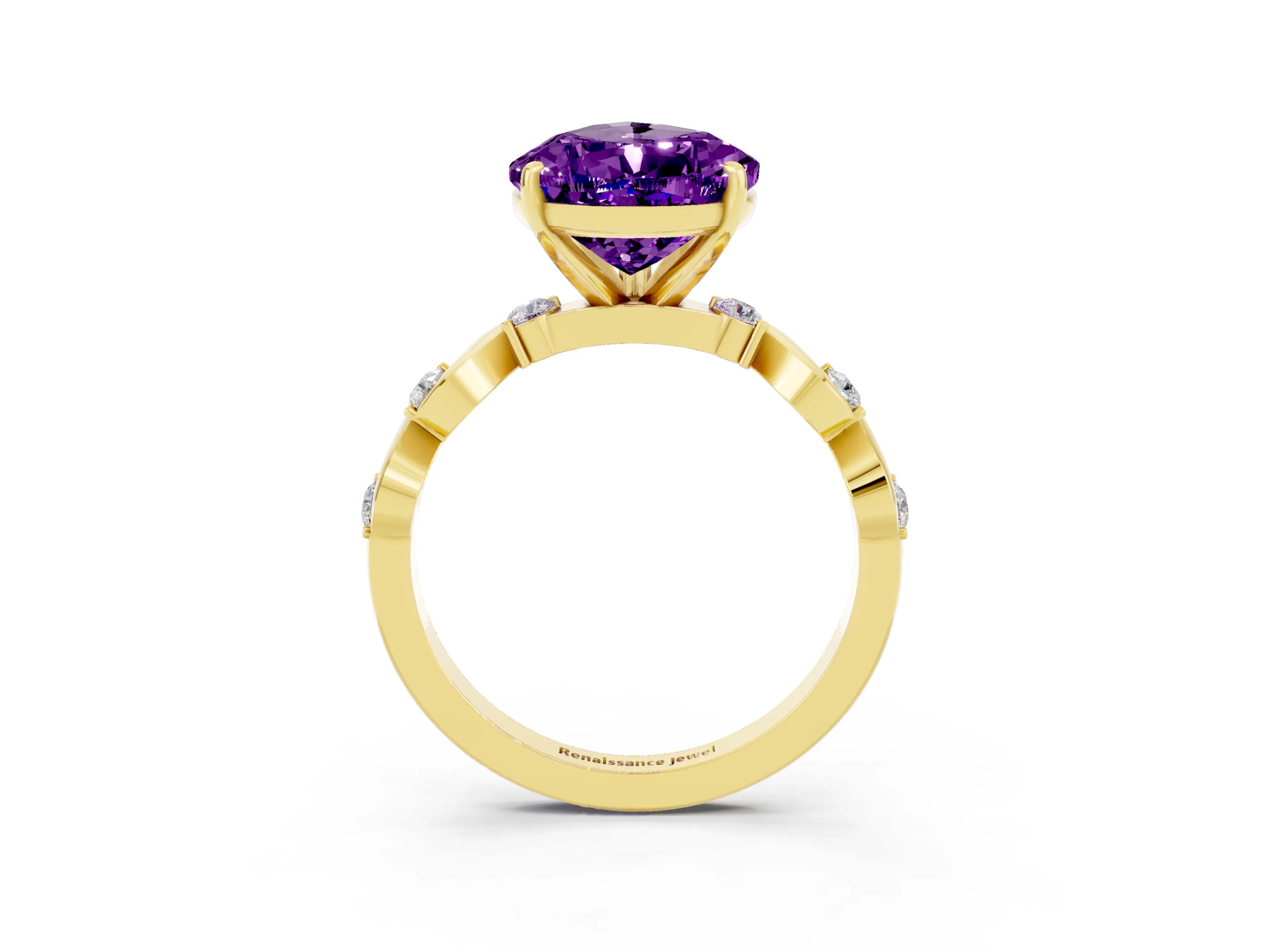 Yellow gold Pear Cut Amethyst Solitaire Twisted Band with Round  Accents and Prong Setting_15