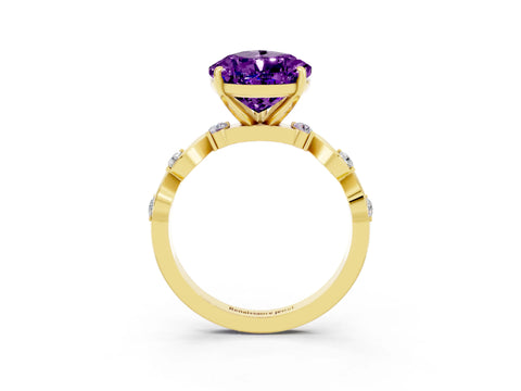 Yellow gold Pear Cut Amethyst Solitaire Twisted Band with Round  Accents and Prong Setting_15