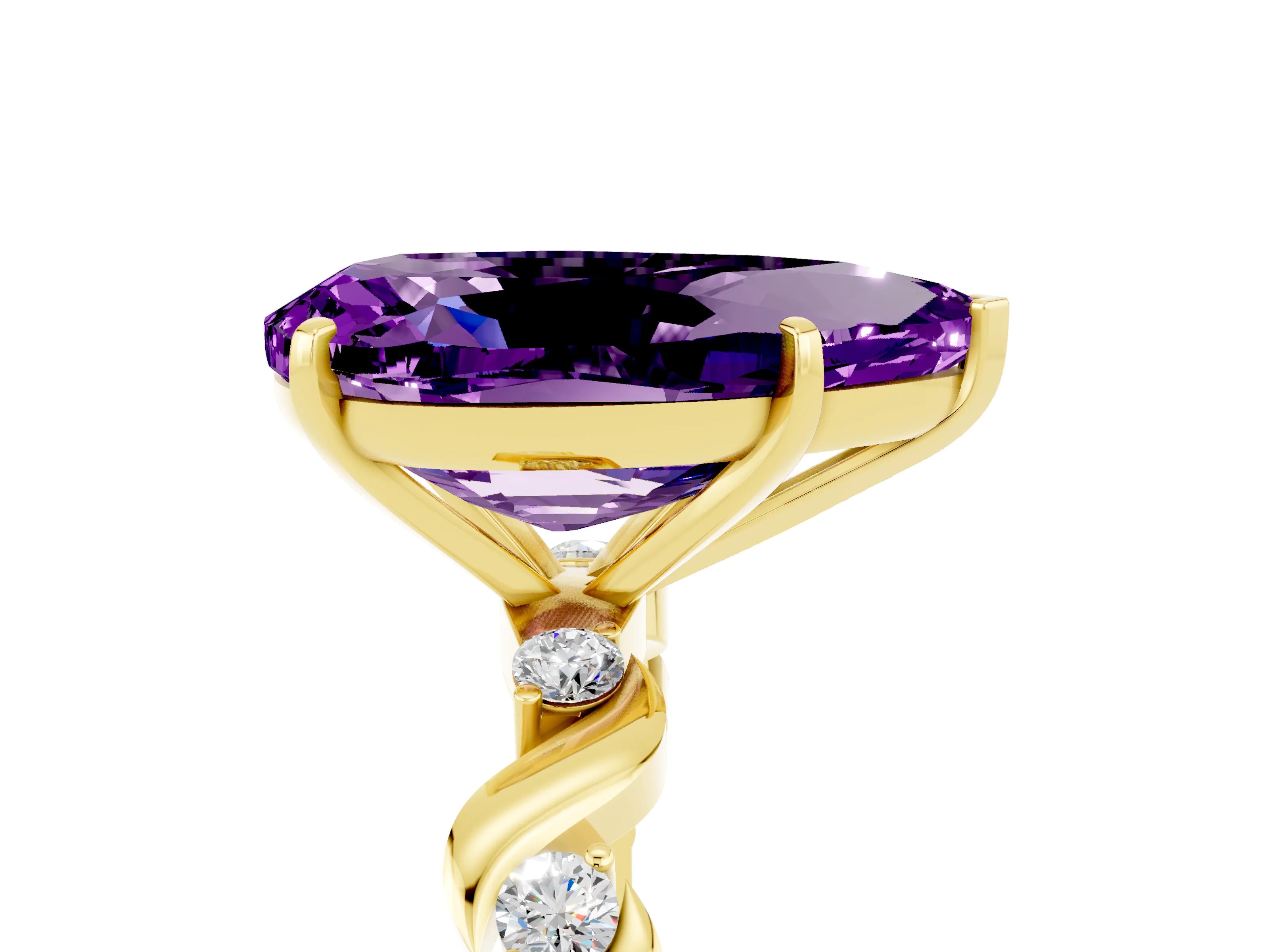 Yellow gold Pear Cut Amethyst Solitaire Twisted Band with Round  Accents and Prong Setting_17